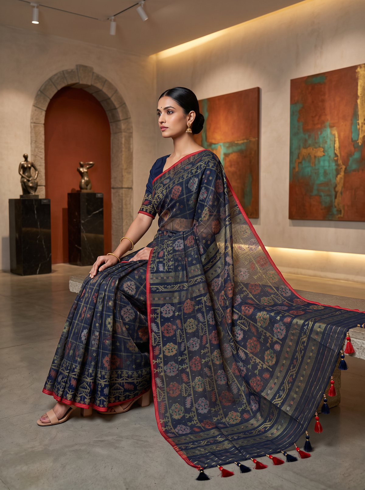 A Midnight Blue Dhakai Jamdani — Jewel-Toned Florals in Antique Gold, Coral, Muted Rose & Silver-Grey with a Vermilion-Red Edge