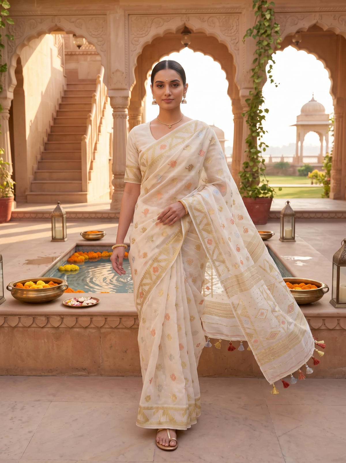 An Ethereal Canvas of Ivory and Gold — Dhakai Jamdani in Delicate Color