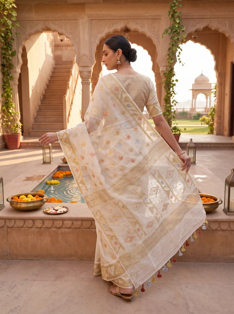 An Ethereal Canvas of Ivory and Gold — Dhakai Jamdani in Delicate Color
