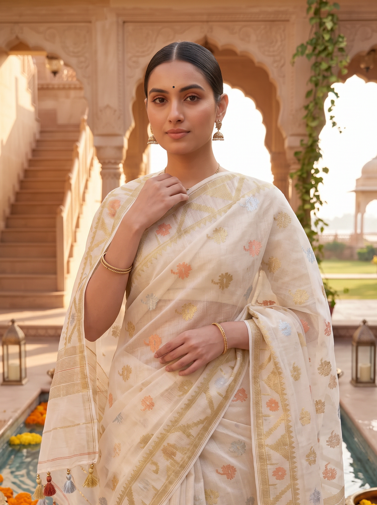 An Ethereal Canvas of Ivory and Gold — Dhakai Jamdani in Delicate Color