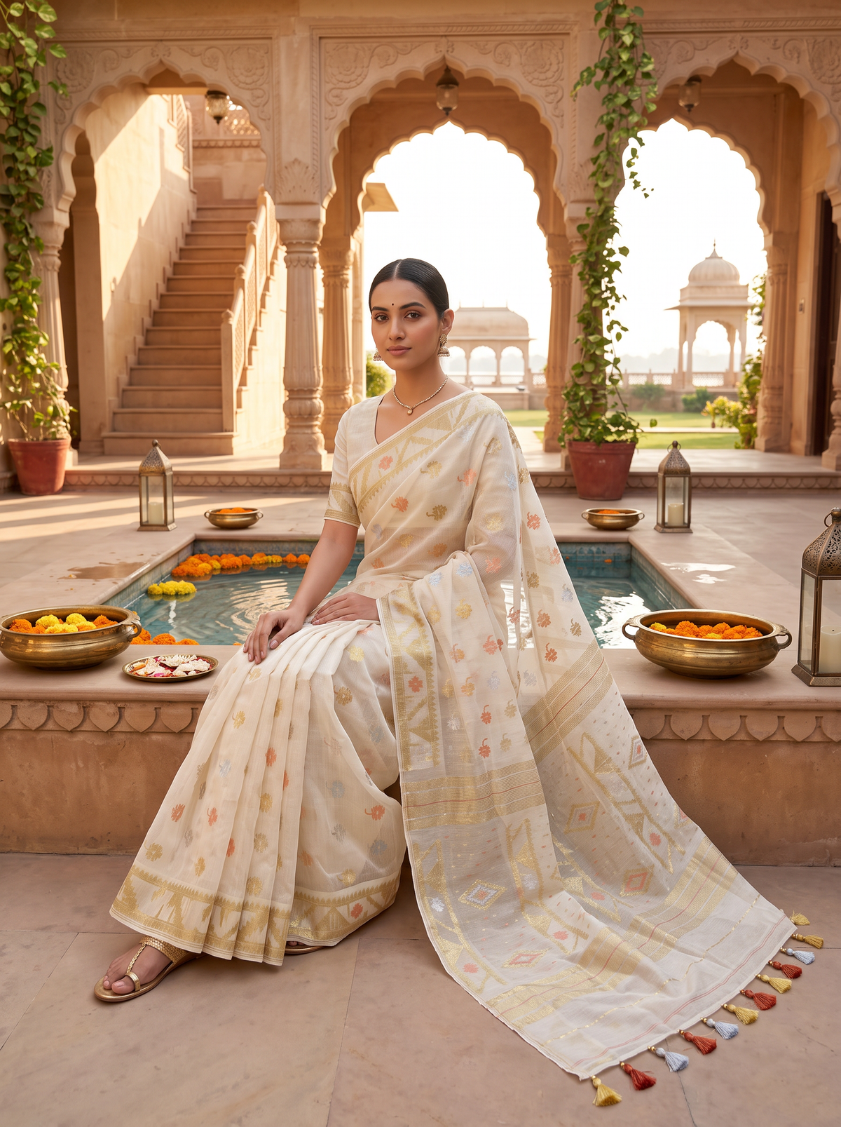 An Ethereal Canvas of Ivory and Gold — Dhakai Jamdani in Delicate Color