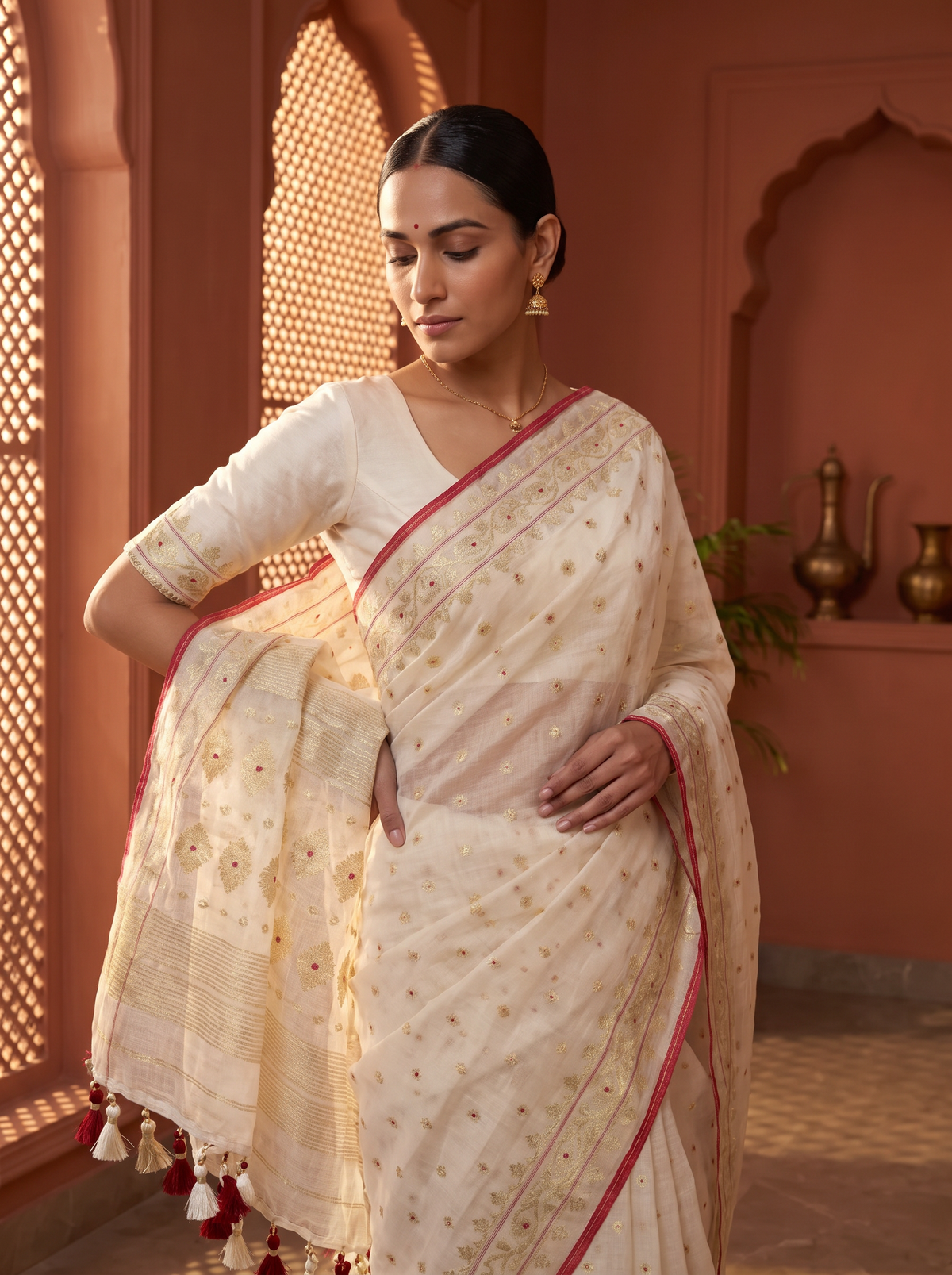 Ivory Grace with a Touch of Crimson — Dhakai Jamdani in Timeless Simplicity