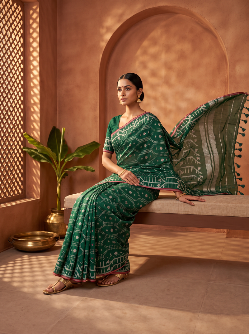 An Emerald Rhythm — Dhakai Jamdani Woven in Waves and Florals