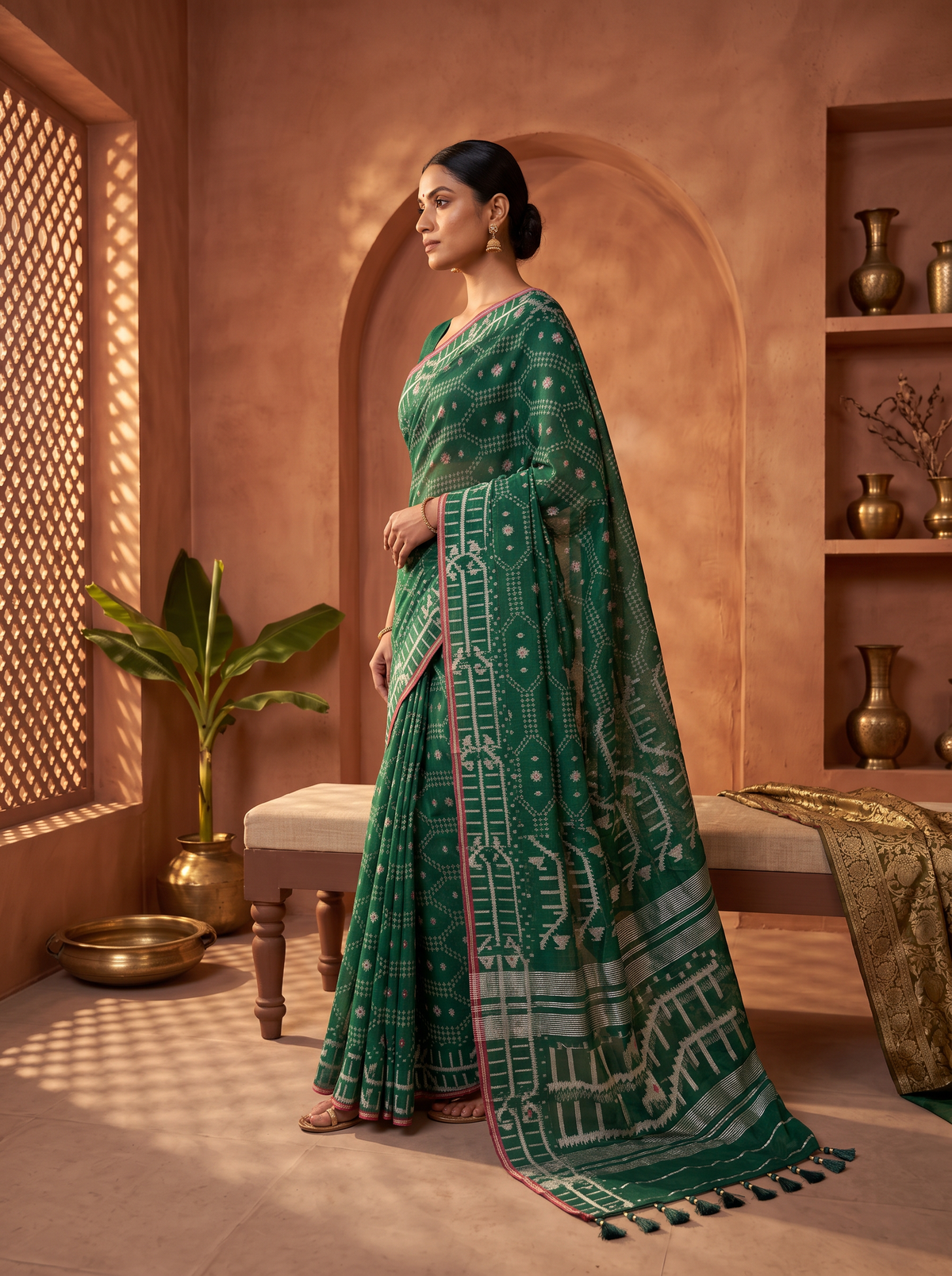 An Emerald Rhythm — Dhakai Jamdani Woven in Waves and Florals