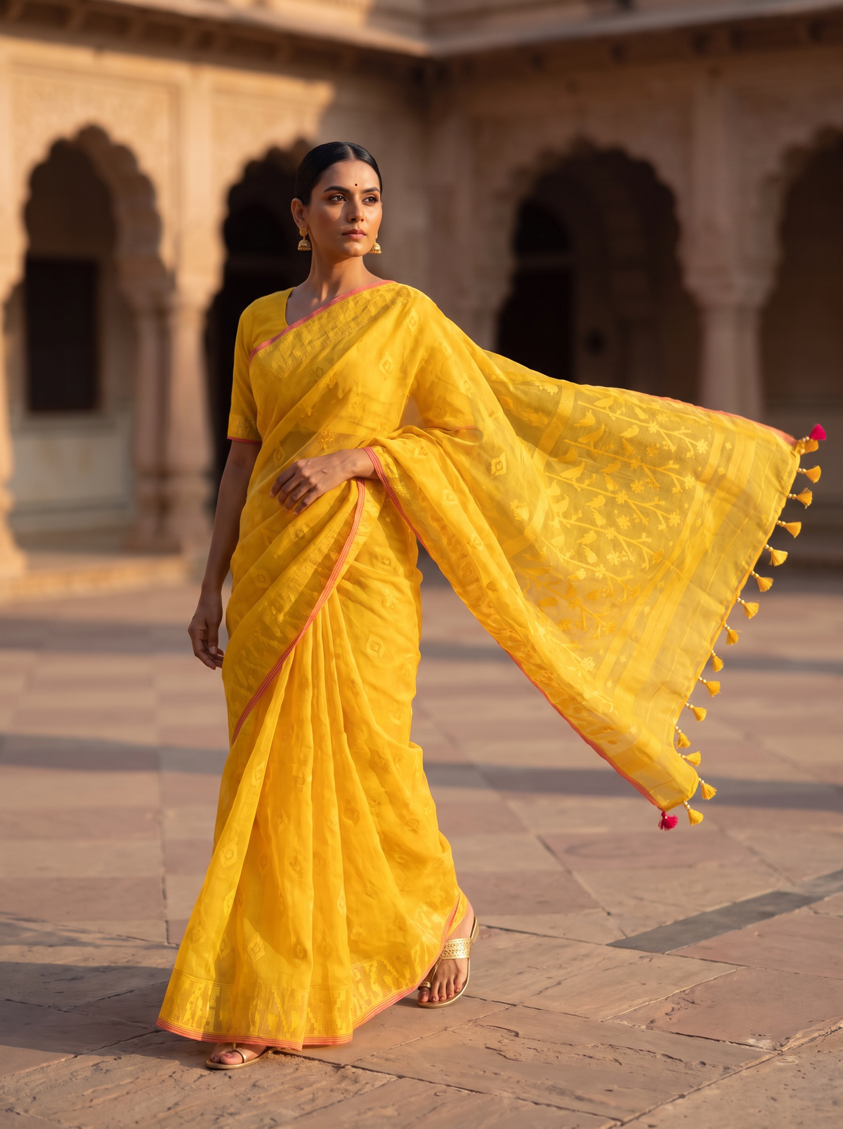 A Golden Whisper of Bangladesh — Golden Yellow Dhakai Jamdani Framed with a Delicate Red Border