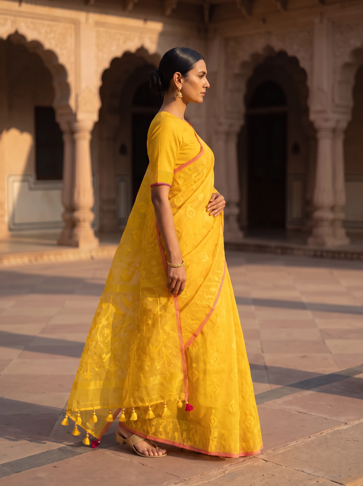 A Golden Whisper of Bangladesh — Golden Yellow Dhakai Jamdani Framed with a Delicate Red Border