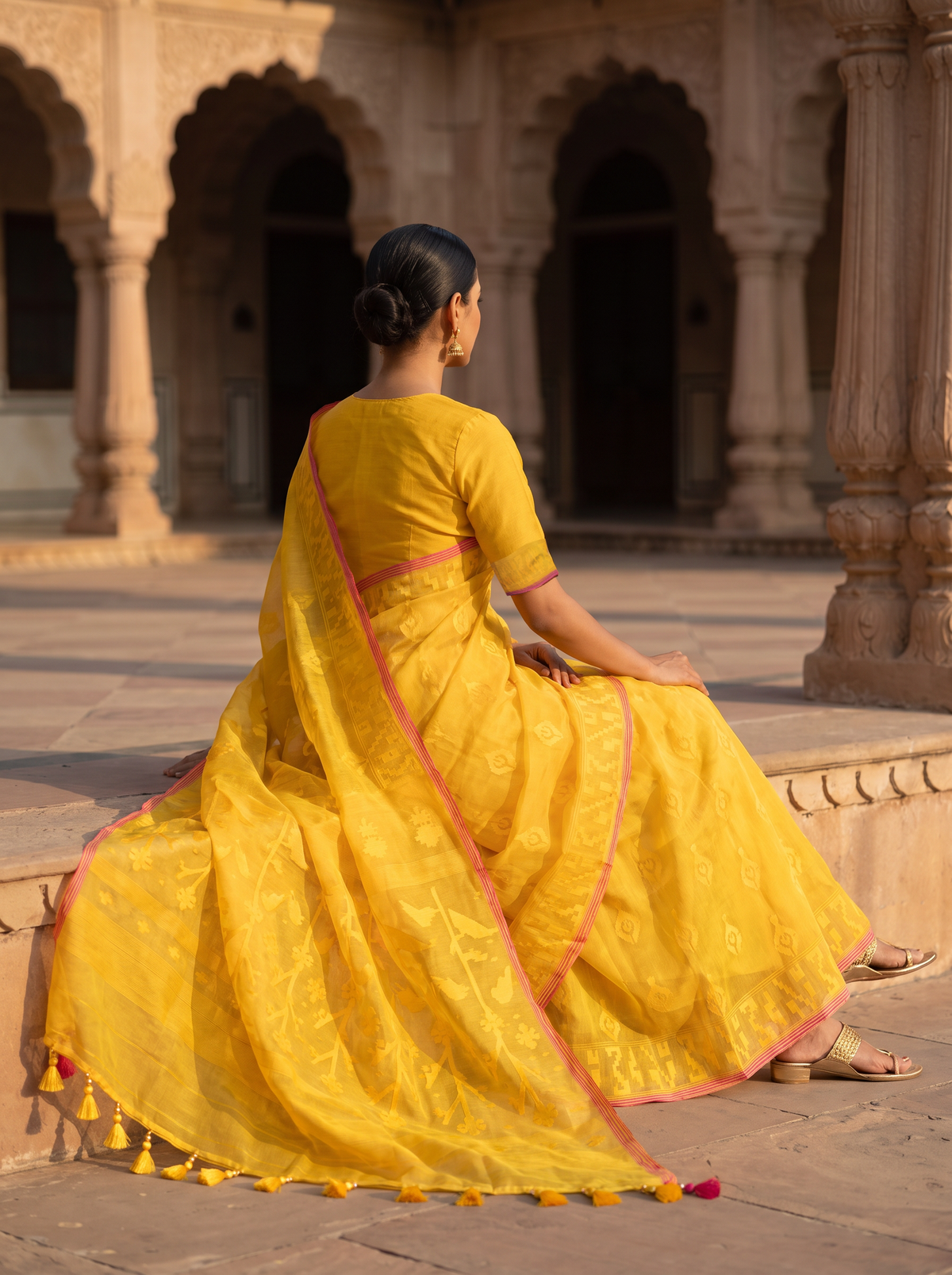A Golden Whisper of Bangladesh — Golden Yellow Dhakai Jamdani Framed with a Delicate Red Border