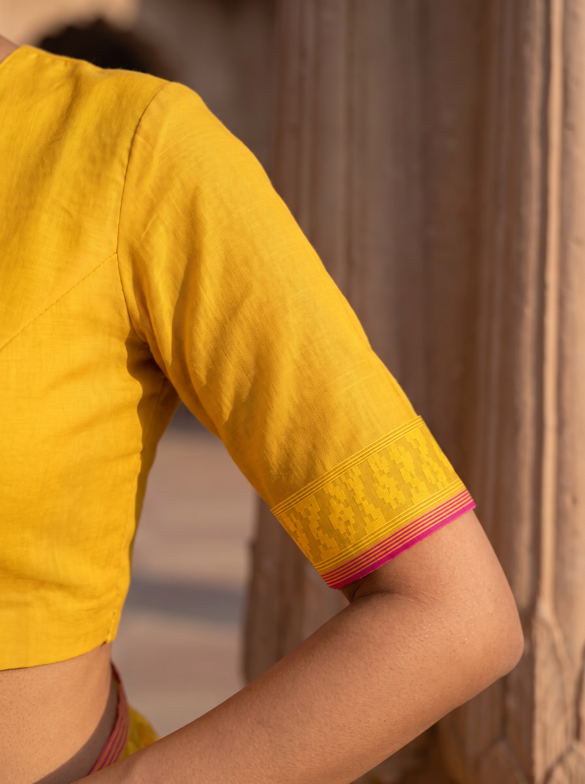 A Golden Whisper of Bangladesh — Golden Yellow Dhakai Jamdani Framed with a Delicate Red Border
