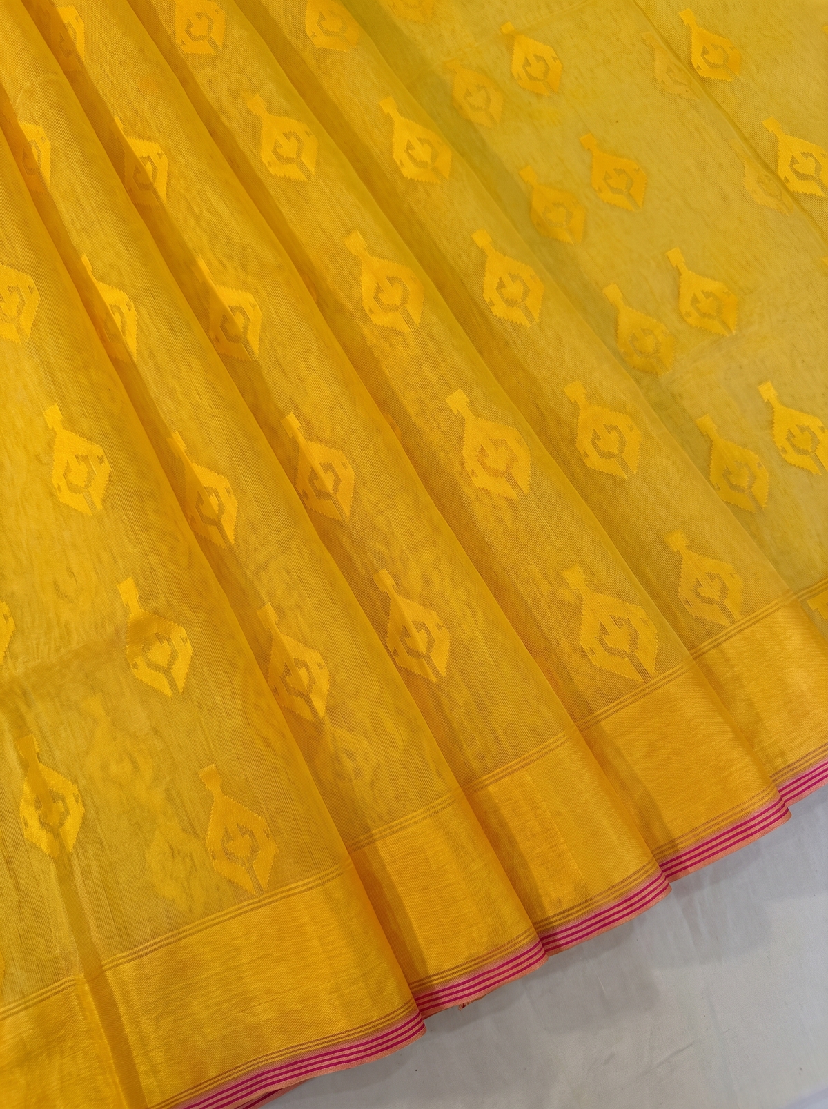 A Golden Whisper of Bangladesh — Golden Yellow Dhakai Jamdani Framed with a Delicate Red Border