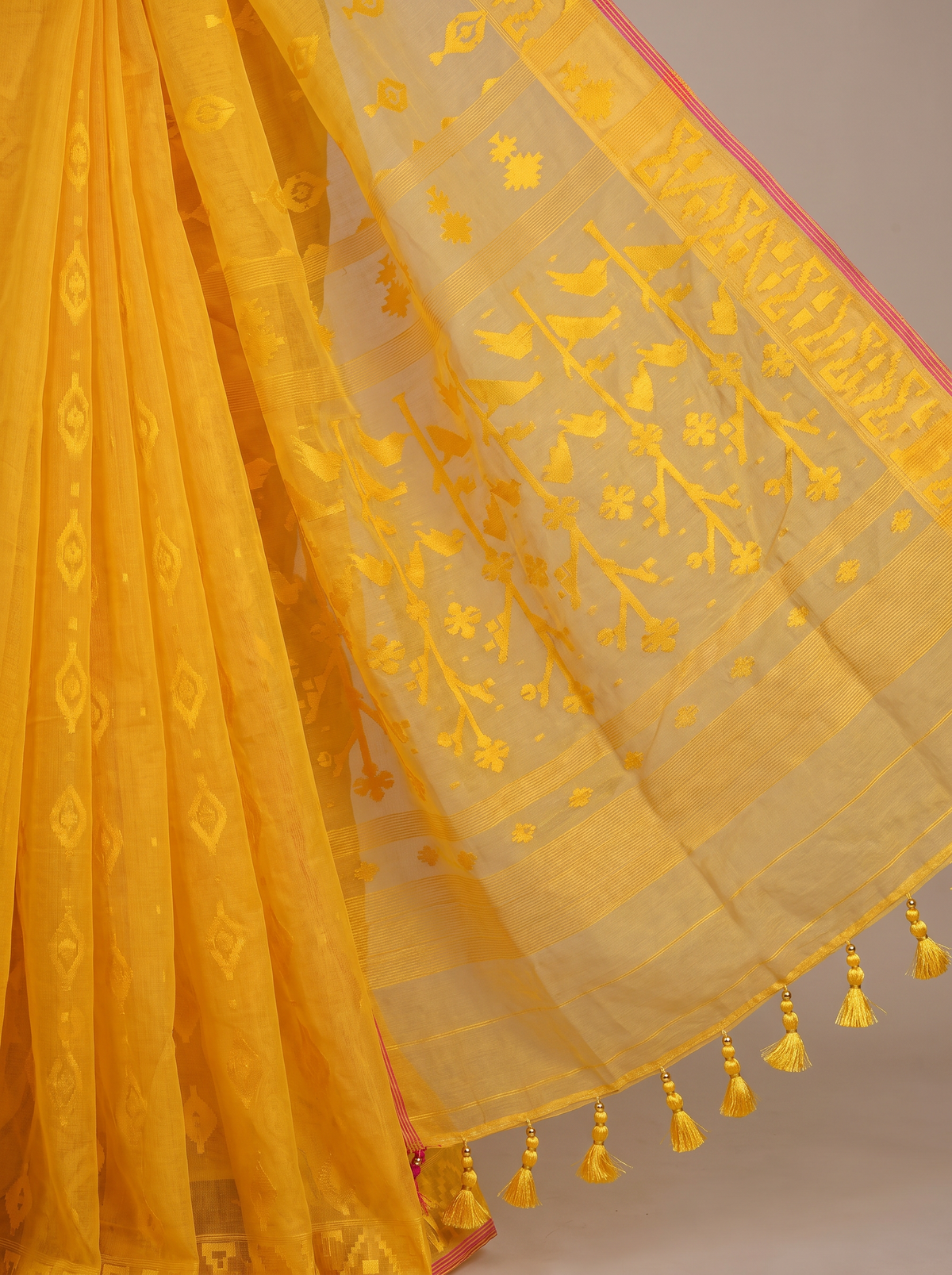A Golden Whisper of Bangladesh — Golden Yellow Dhakai Jamdani Framed with a Delicate Red Border