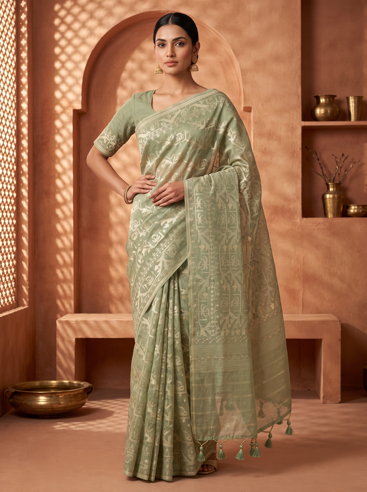 A Garden Woven in Sage — Dhakai Jamdani Where Florals Meet Geometry