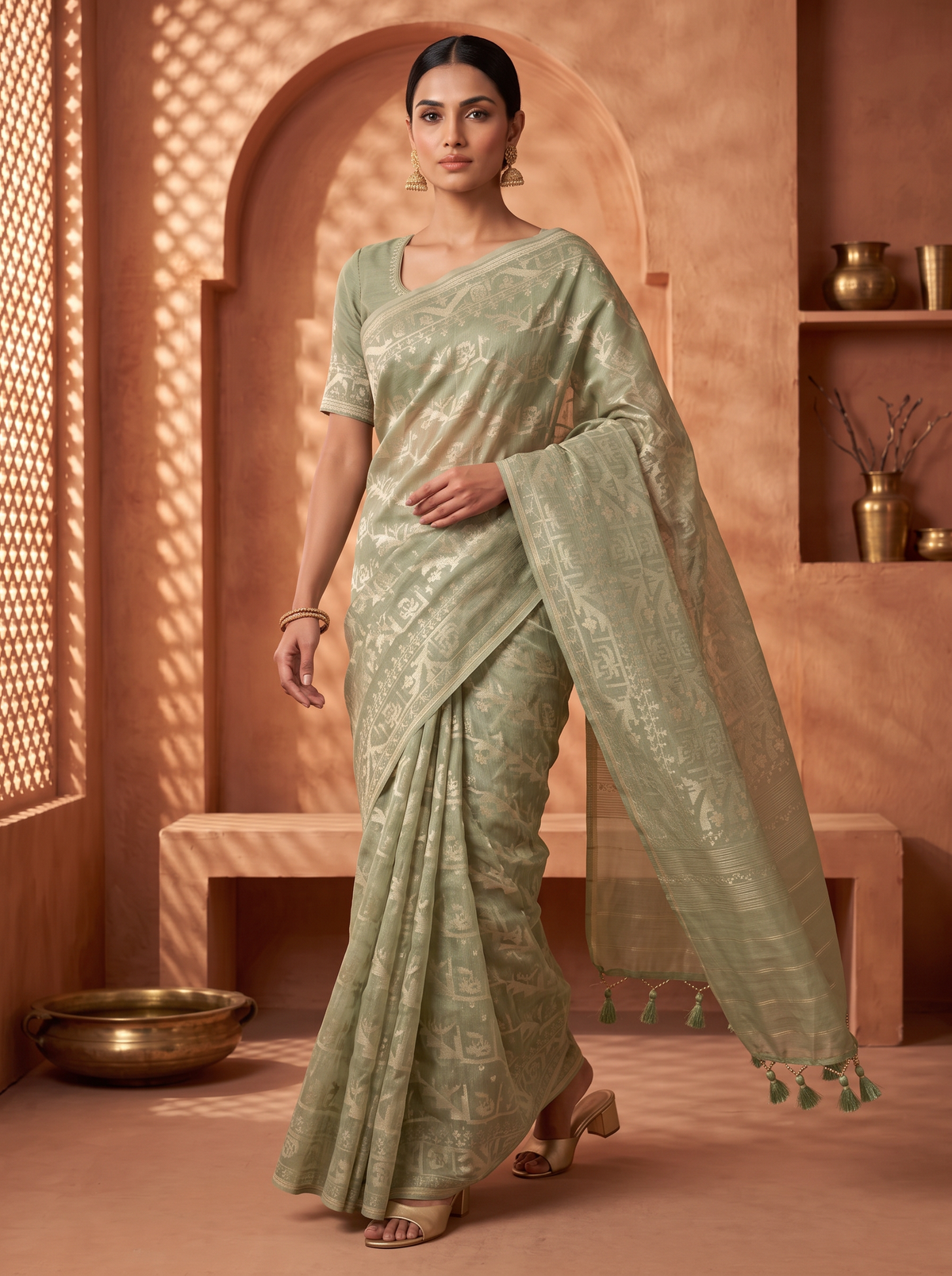 A Garden Woven in Sage — Dhakai Jamdani Where Florals Meet Geometry
