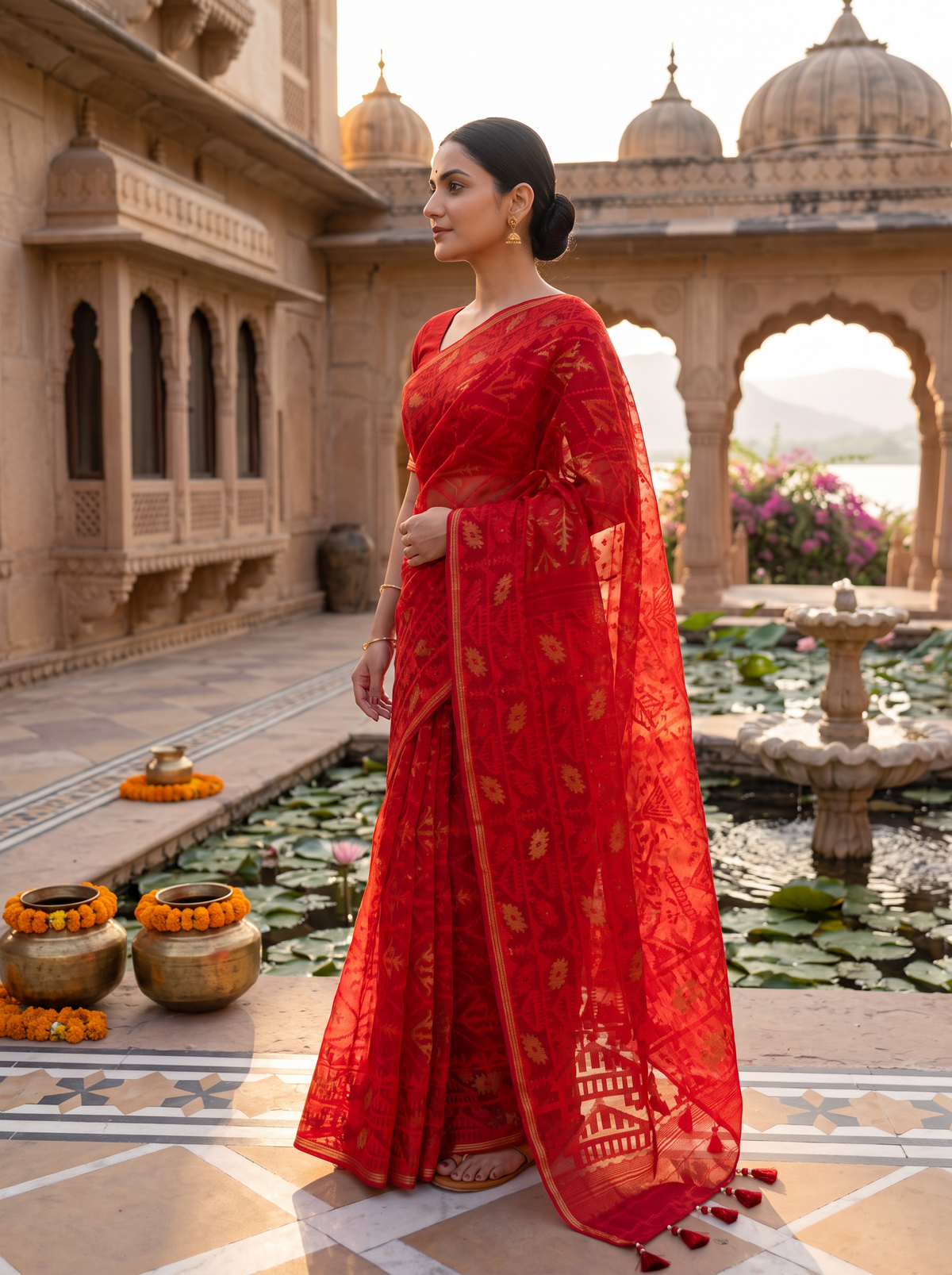 A Regal Symphony in Red — Dhakai Jamdani Where Geometry Meets Poetry