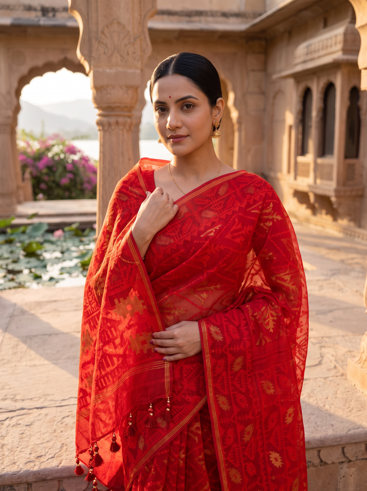 A Regal Symphony in Red — Dhakai Jamdani Where Geometry Meets Poetry