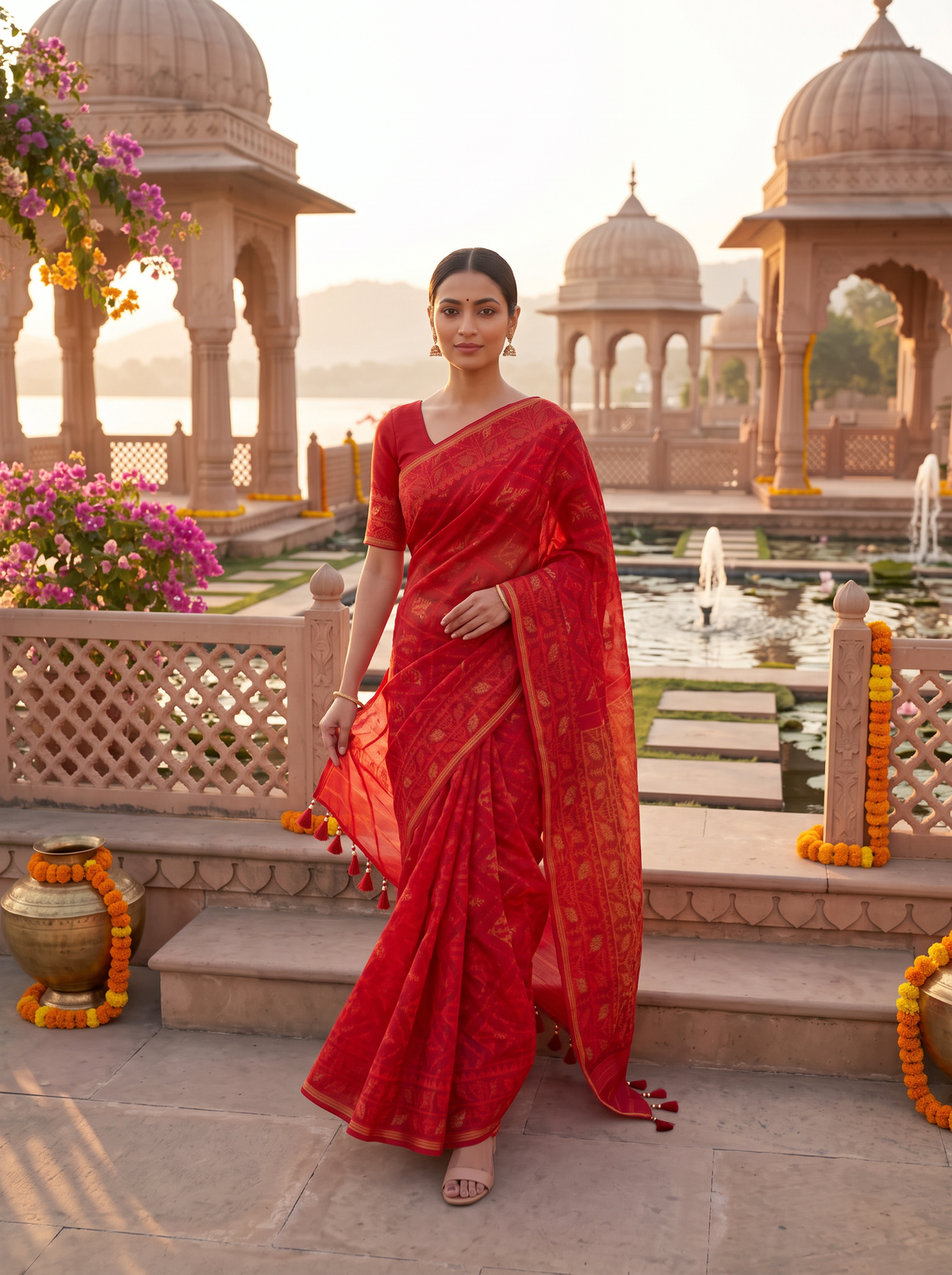 A Regal Symphony in Red — Dhakai Jamdani Where Geometry Meets Poetry