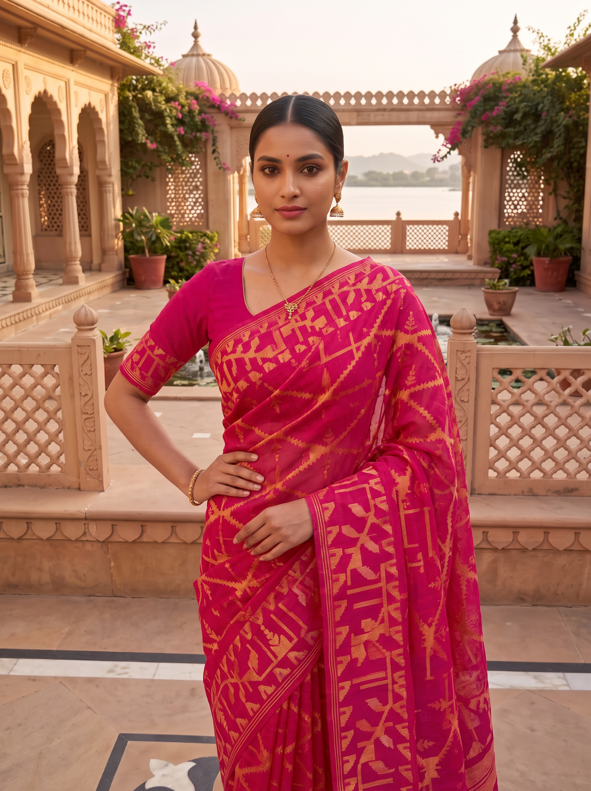 A Poetic Celebration of Dhakai Jamdani — Vibrant Fuchsia Pink Woven with Luminous Gold, Blush, Peach & Silver