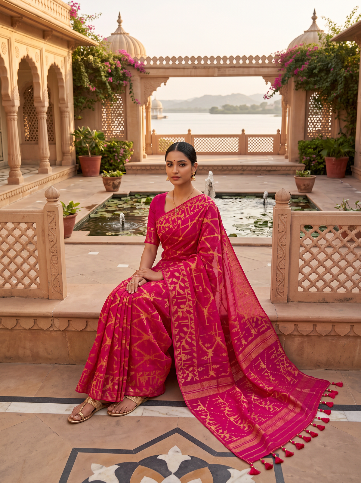A Poetic Celebration of Dhakai Jamdani — Vibrant Fuchsia Pink Woven with Luminous Gold, Blush, Peach & Silver