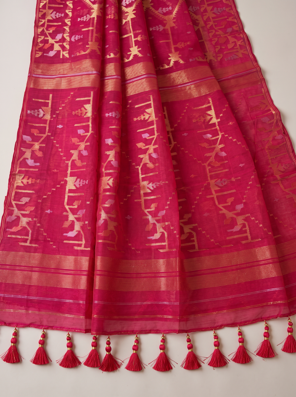 A Poetic Celebration of Dhakai Jamdani — Vibrant Fuchsia Pink Woven with Luminous Gold, Blush, Peach & Silver