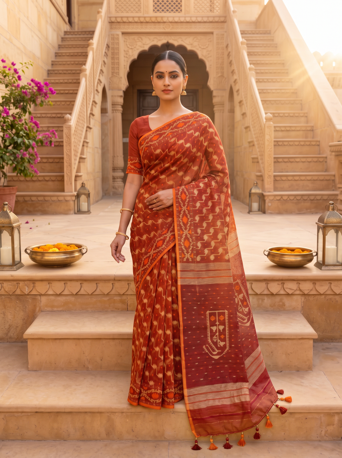 A Timeless Celebration of Dhakai Jamdani — Rich Burnt Rust Illuminated with Silver Zari & Warm Orange Accents