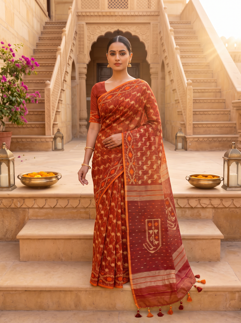 A Timeless Celebration of Dhakai Jamdani — Rich Burnt Rust Illuminated with Silver Zari & Warm Orange Accents