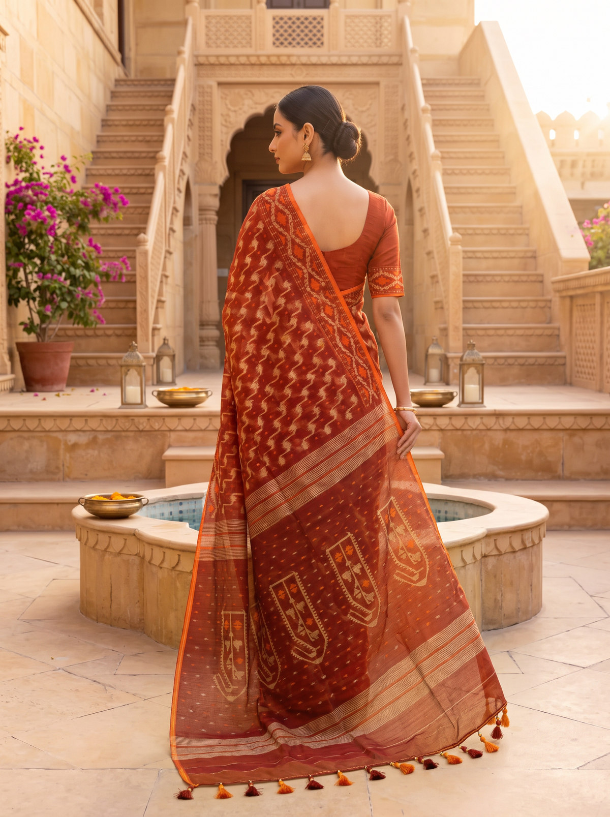 A Timeless Celebration of Dhakai Jamdani — Rich Burnt Rust Illuminated with Silver Zari & Warm Orange Accents