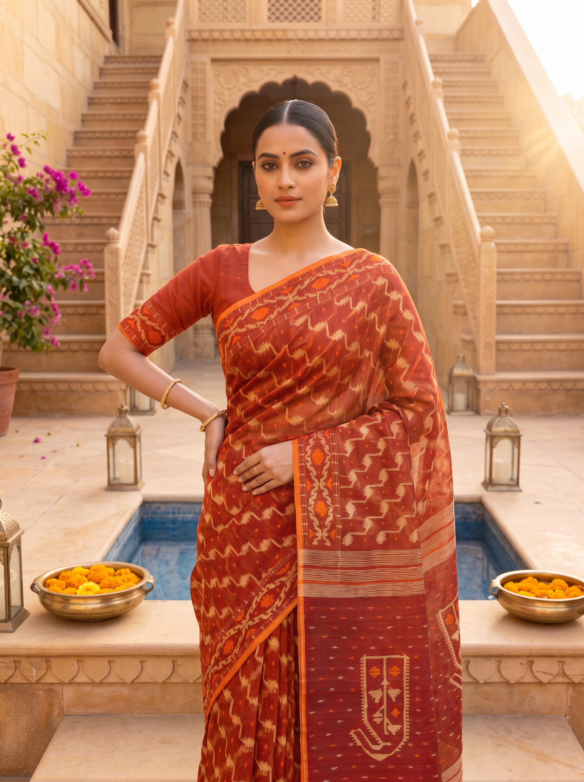 A Timeless Celebration of Dhakai Jamdani — Rich Burnt Rust Illuminated with Silver Zari & Warm Orange Accents