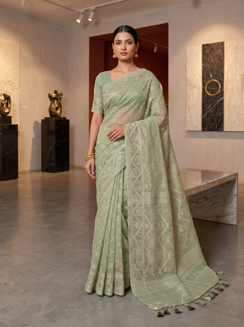 A Sage Green Dhakai Jamdani — A Garden Woven on the Loom