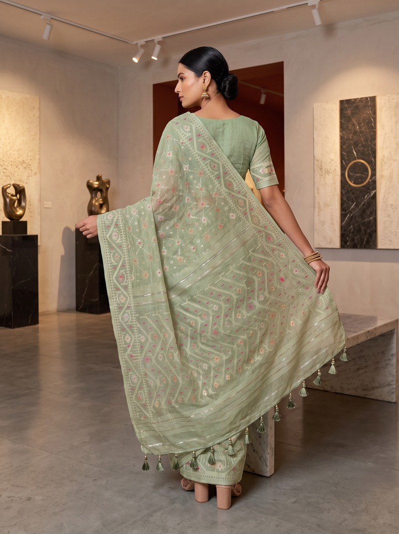 A Sage Green Dhakai Jamdani — A Garden Woven on the Loom