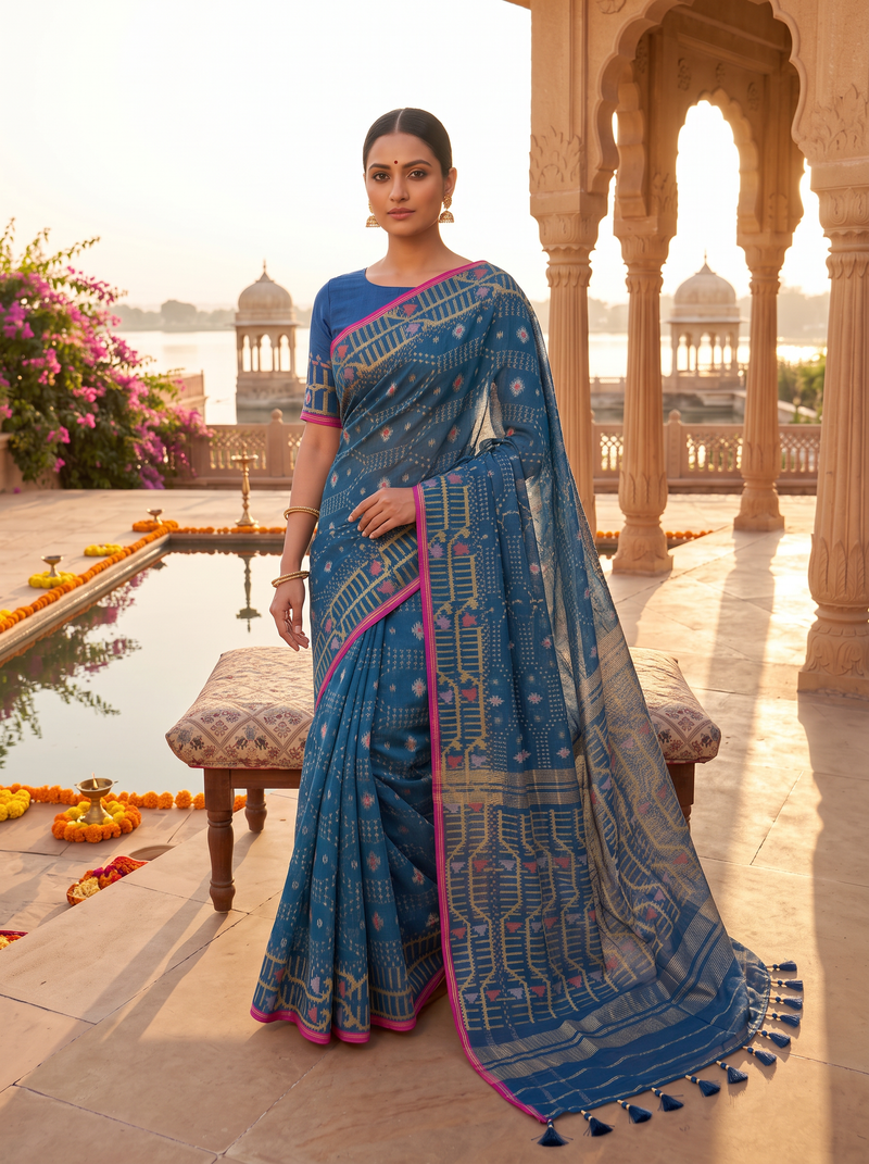A Deep Teal Dhakai Jamdani — Geometry in Gold, Accented with Color