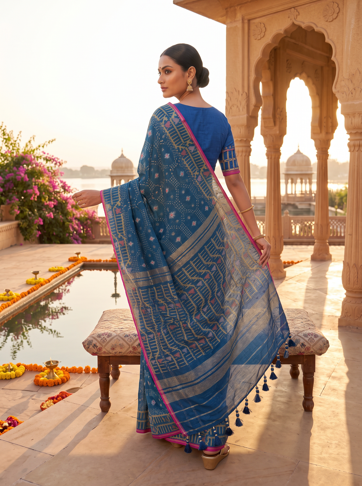 A Deep Teal Dhakai Jamdani — Geometry in Gold, Accented with Color