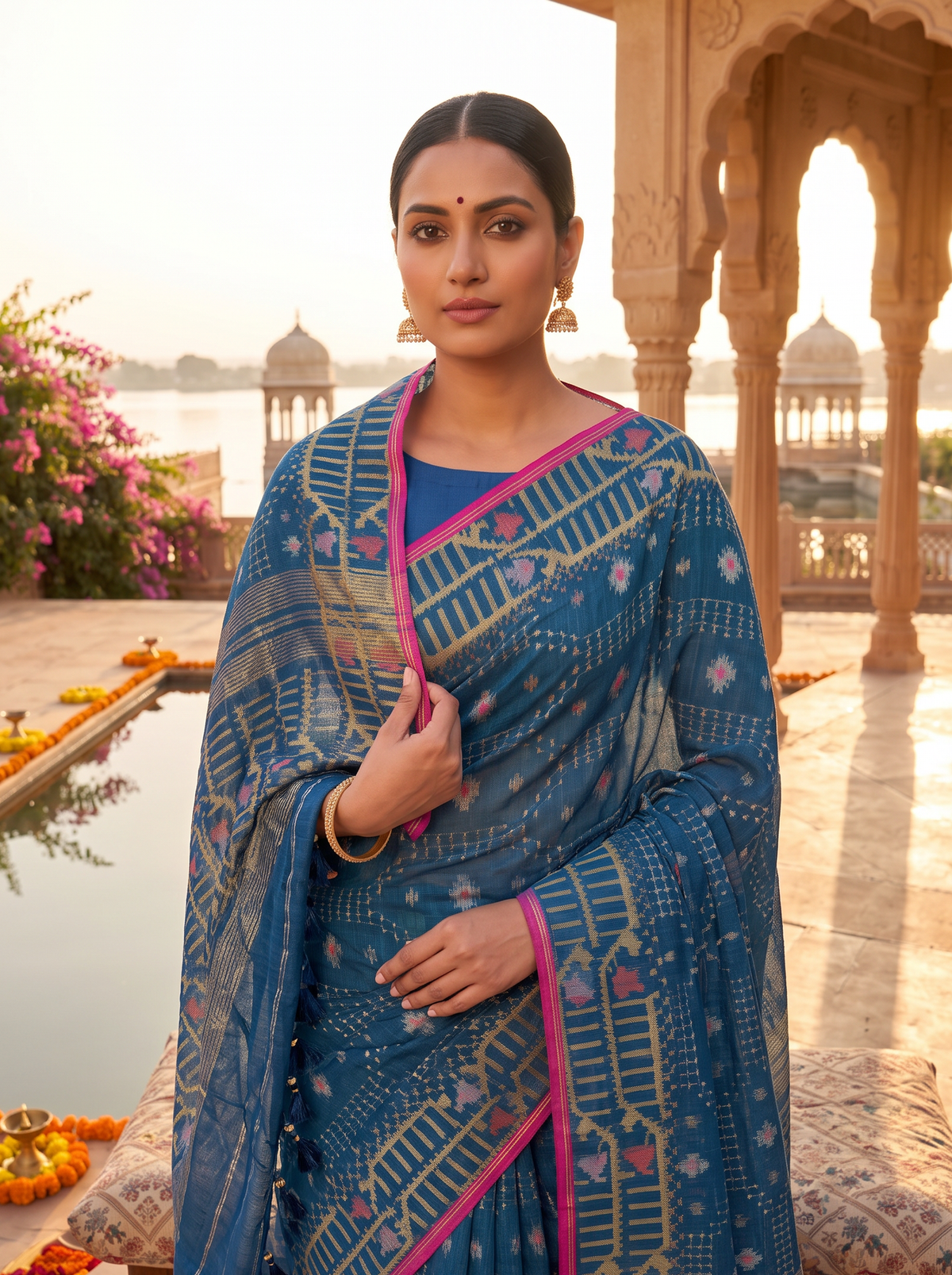 A Deep Teal Dhakai Jamdani — Geometry in Gold, Accented with Color
