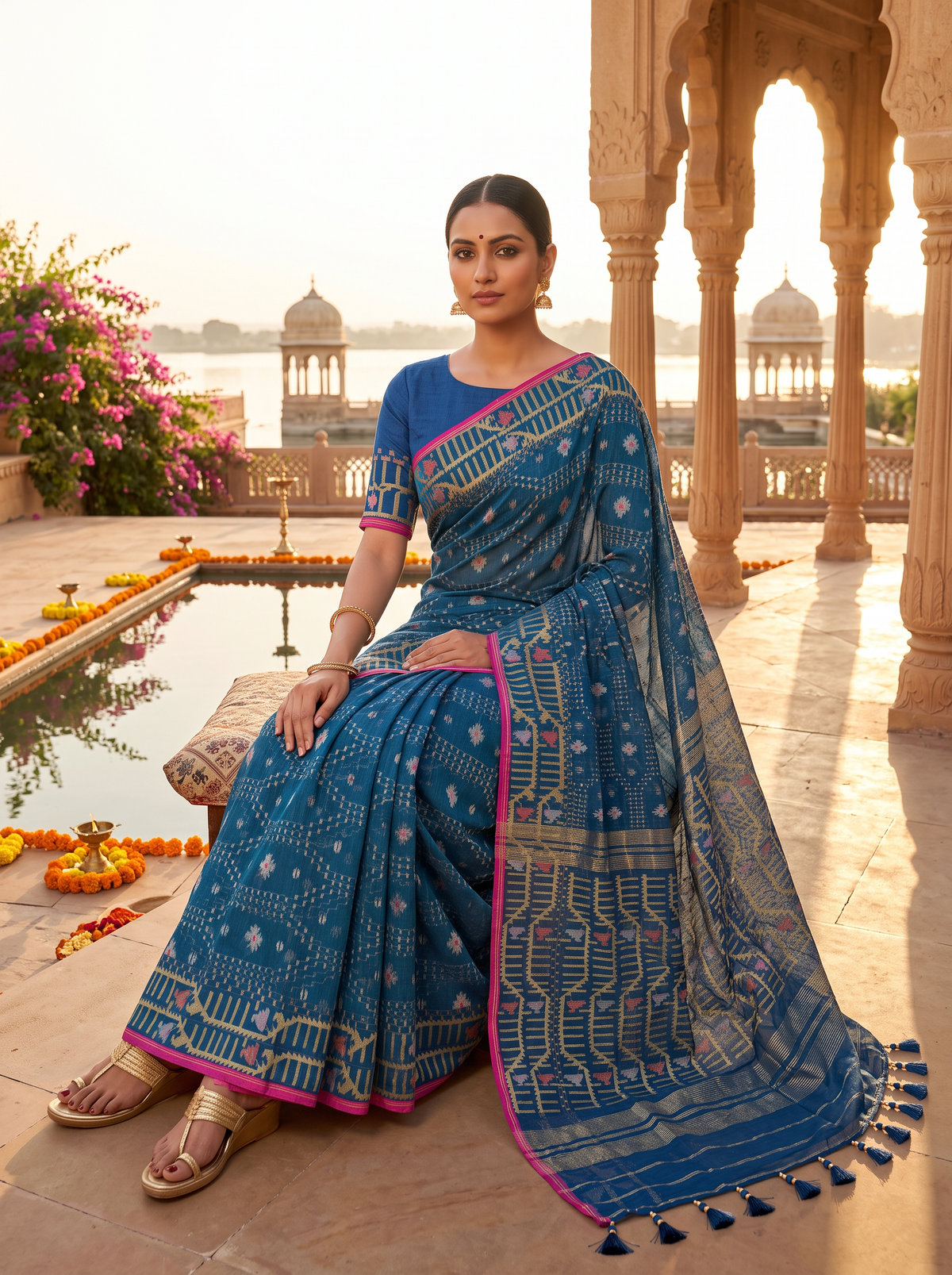 A Deep Teal Dhakai Jamdani — Geometry in Gold, Accented with Color