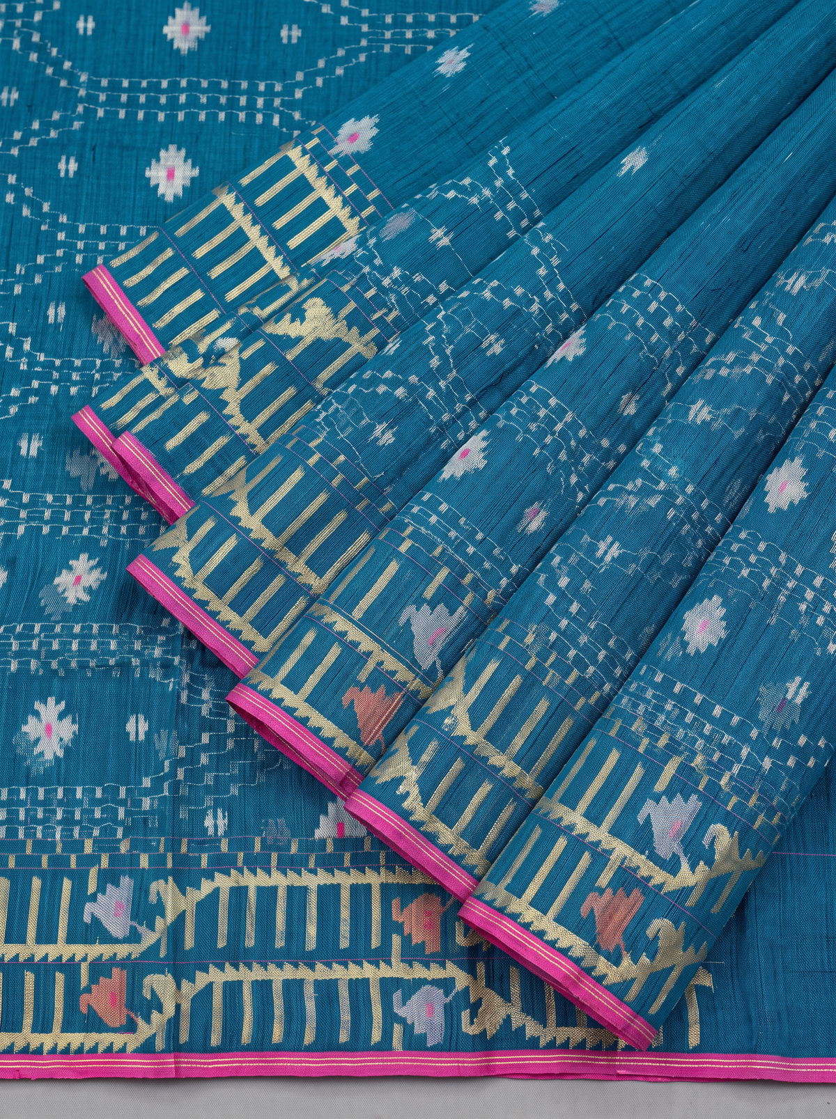 A Deep Teal Dhakai Jamdani — Geometry in Gold, Accented with Color