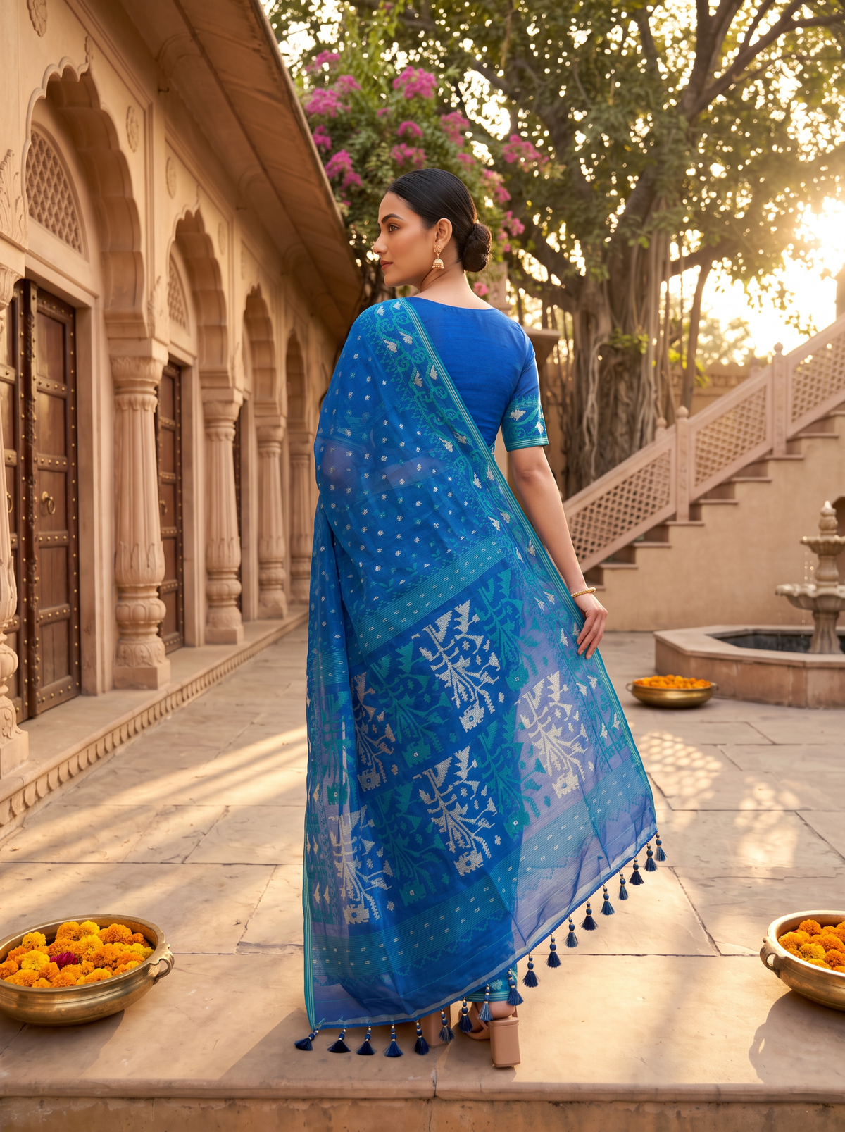 A Symphony in Sapphire and Teal — Dhakai Jamdani Woven in Timeless Geometry