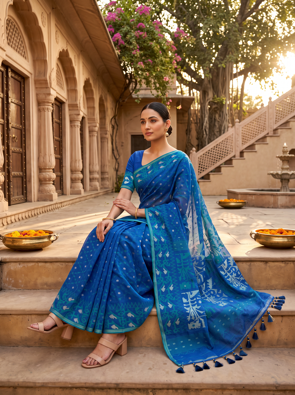 A Symphony in Sapphire and Teal — Dhakai Jamdani Woven in Timeless Geometry