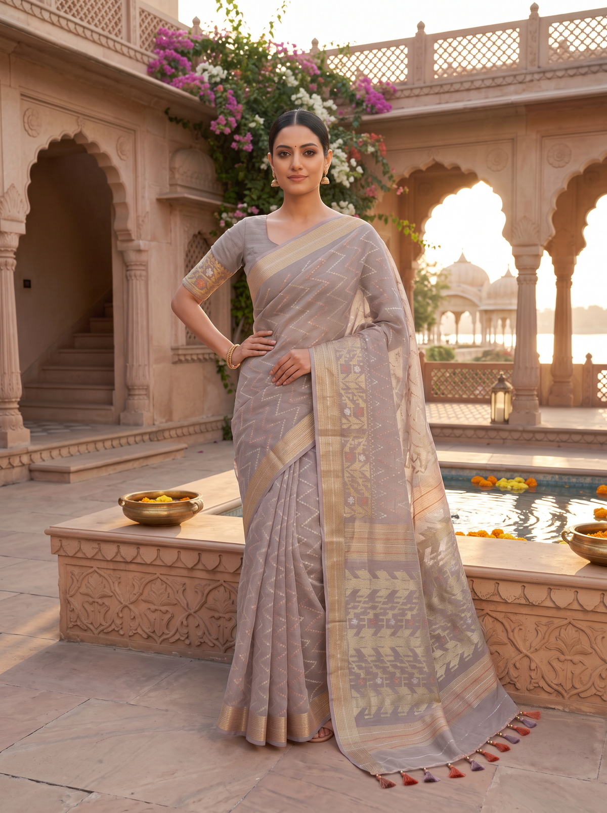 A Symphony of Geometry and Grace — Mauve-Brown Dhakai Jamdani Illuminated with Antique Gold, Silver-White & Burnt Orange