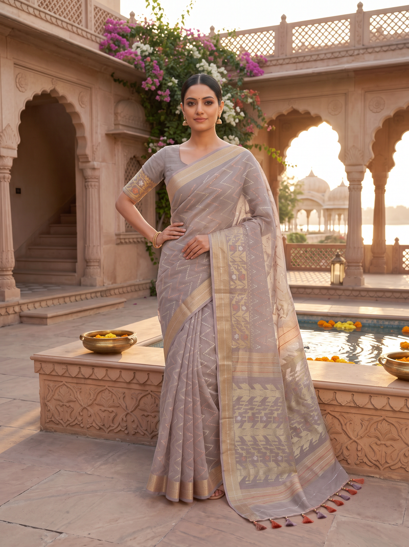 A Symphony of Geometry and Grace — Mauve-Brown Dhakai Jamdani Illuminated with Antique Gold, Silver-White & Burnt Orange