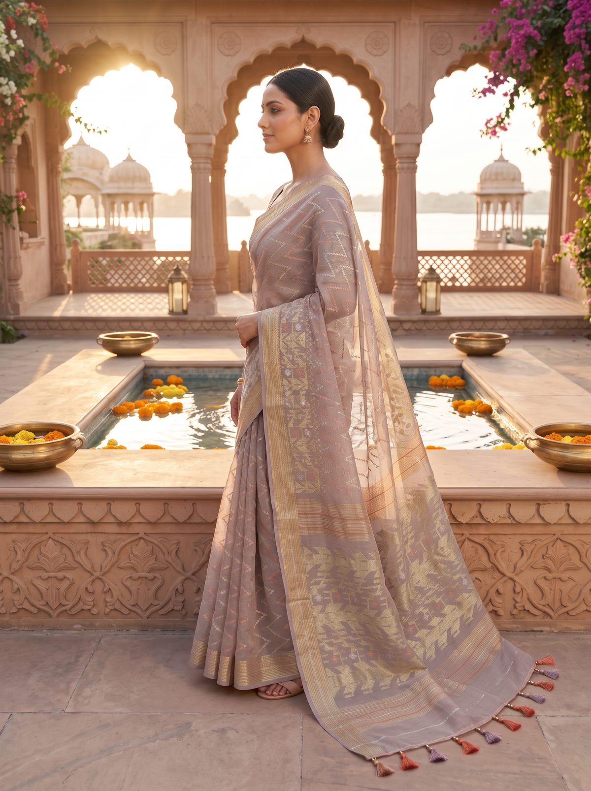 A Symphony of Geometry and Grace — Mauve-Brown Dhakai Jamdani Illuminated with Antique Gold, Silver-White & Burnt Orange