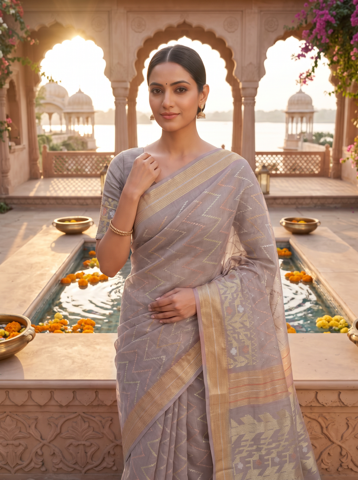 A Symphony of Geometry and Grace — Mauve-Brown Dhakai Jamdani Illuminated with Antique Gold, Silver-White & Burnt Orange