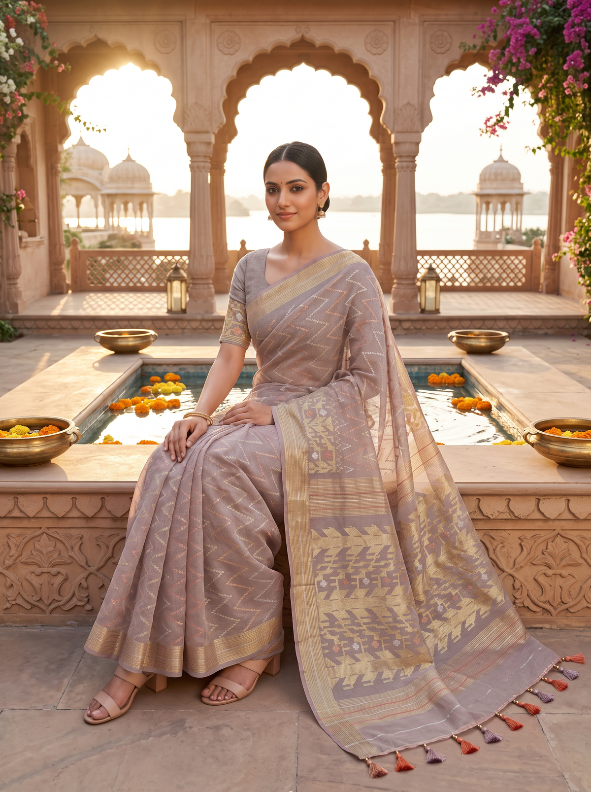 A Symphony of Geometry and Grace — Mauve-Brown Dhakai Jamdani Illuminated with Antique Gold, Silver-White & Burnt Orange