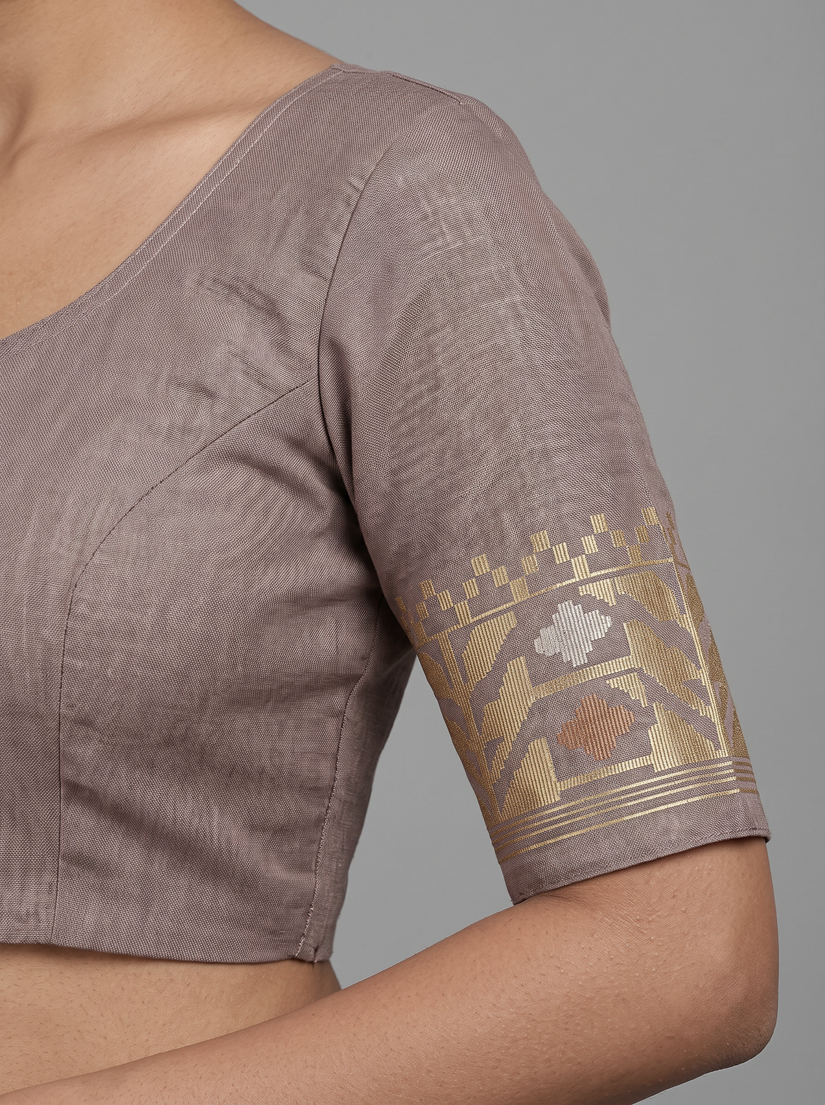 A Symphony of Geometry and Grace — Mauve-Brown Dhakai Jamdani Illuminated with Antique Gold, Silver-White & Burnt Orange