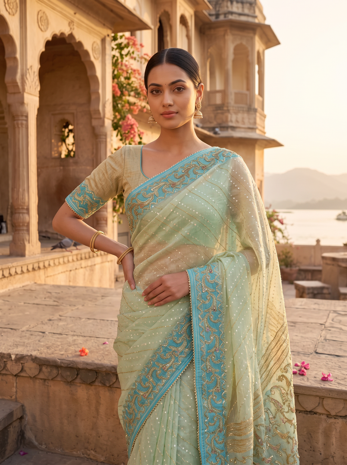 A Cascade of Ivory and Turquoise — The Delicate Shimmer of Cutdana Dhakai Jamdani