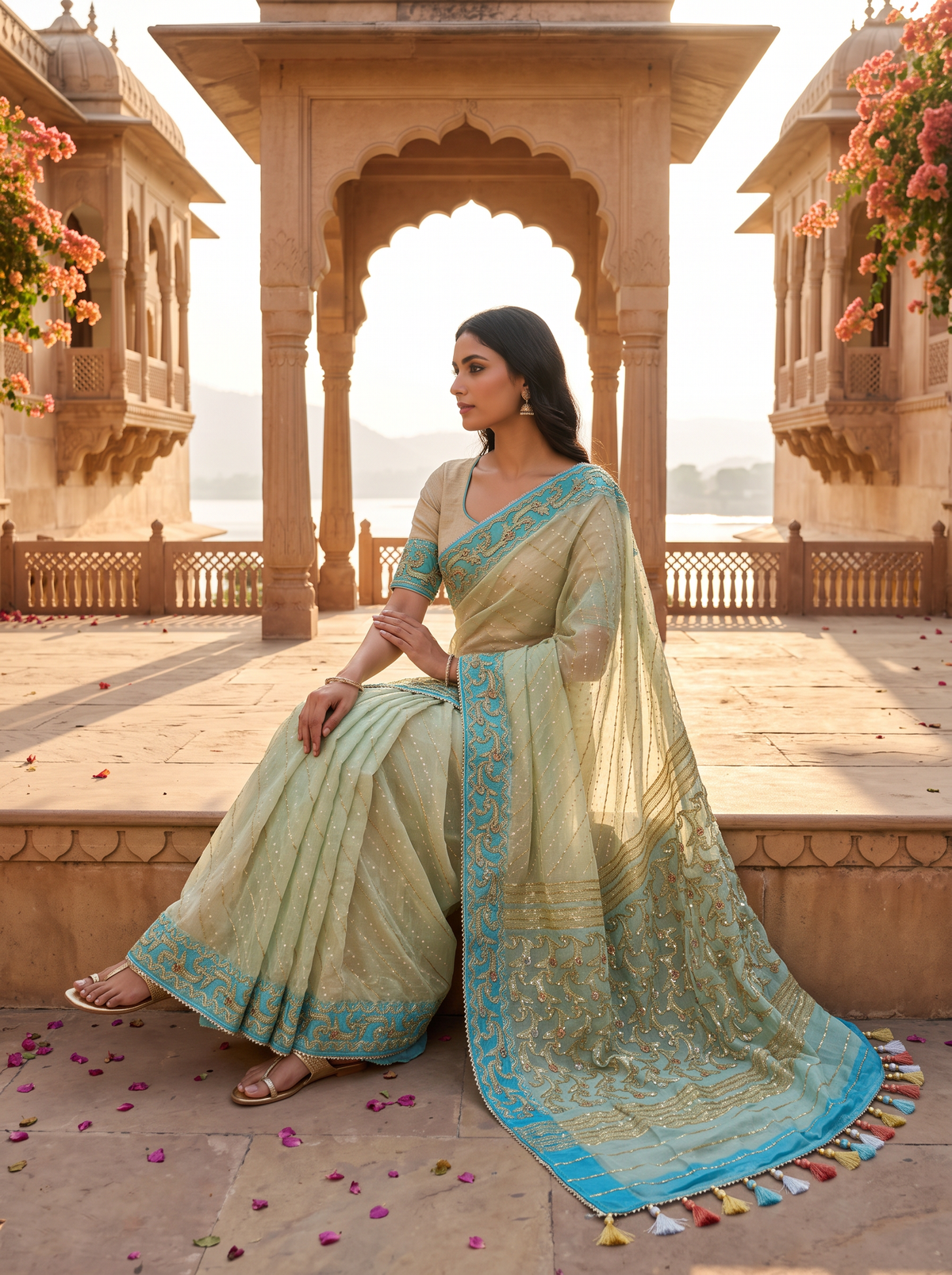 A Cascade of Ivory and Turquoise — The Delicate Shimmer of Cutdana Dhakai Jamdani