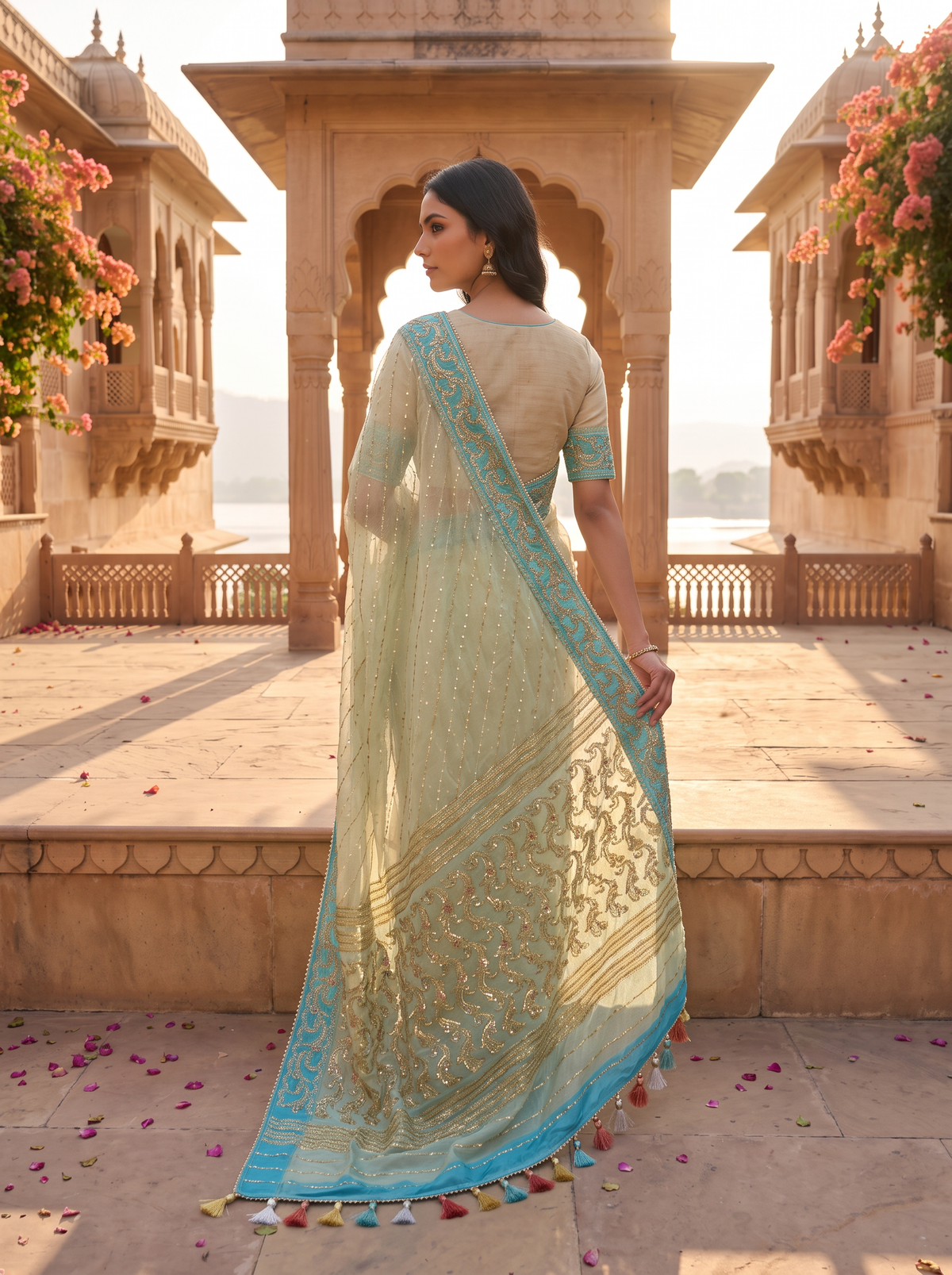 A Cascade of Ivory and Turquoise — The Delicate Shimmer of Cutdana Dhakai Jamdani