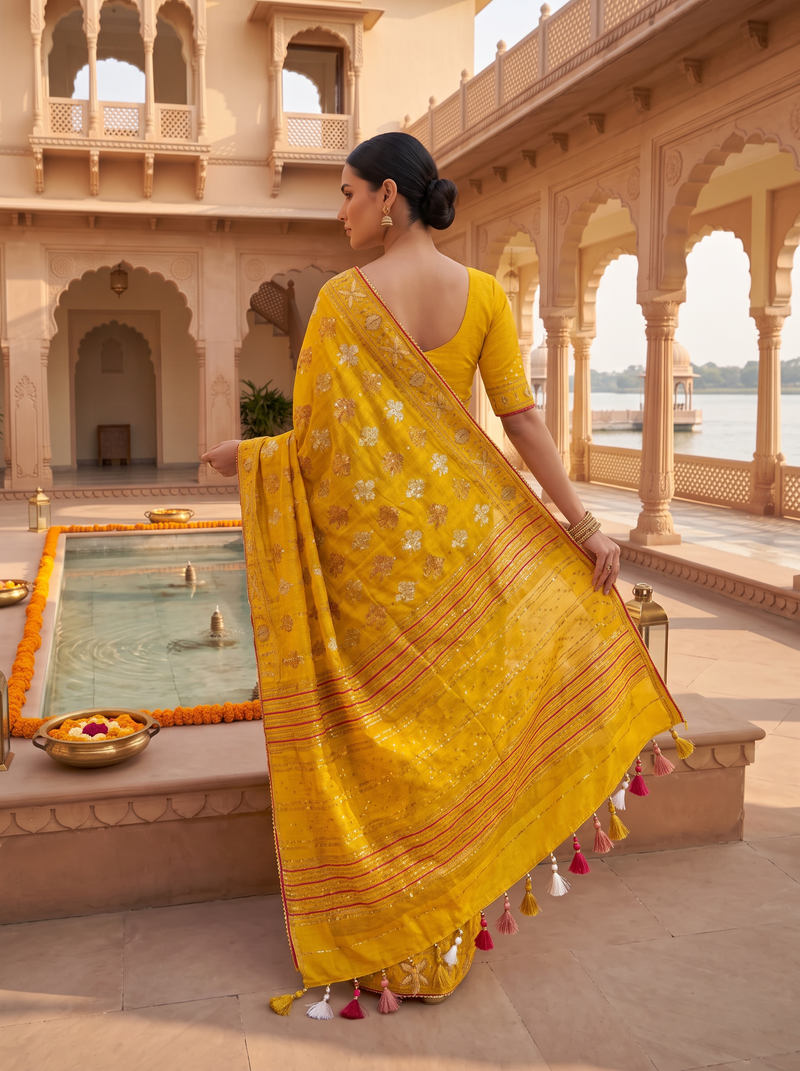 A Golden Glow in Mustard — Cutdana Dhakai Jamdani Where Weave Meets Sparkle