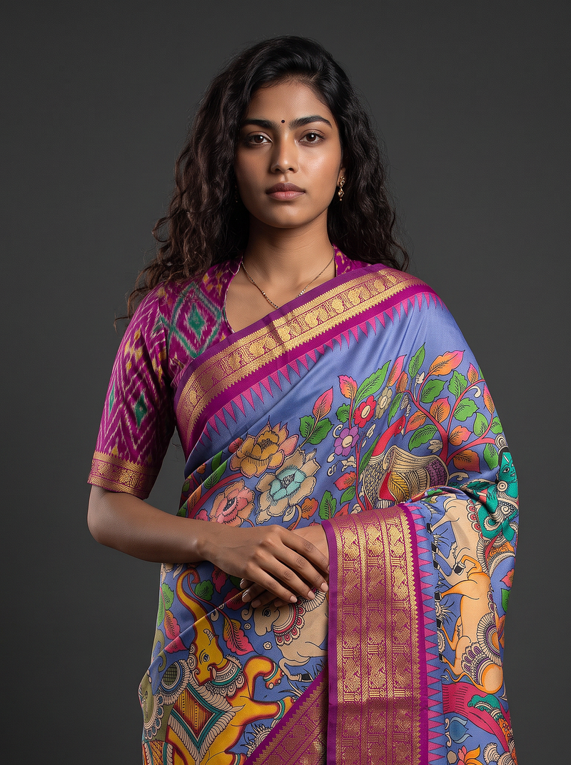 A Majestic Celebration of Elephants, Horses & Divine Peacock in Srikalahasthi Kalamkari Ikkat Silk - Blue With Pink