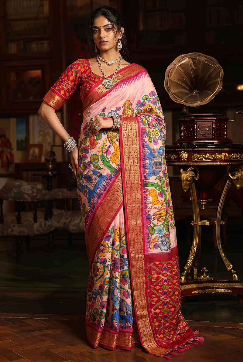 A Vibrant Symphony of Parrots and Elephants in Srikalahasti Kalamkari Ikkat Silk - Pink Base