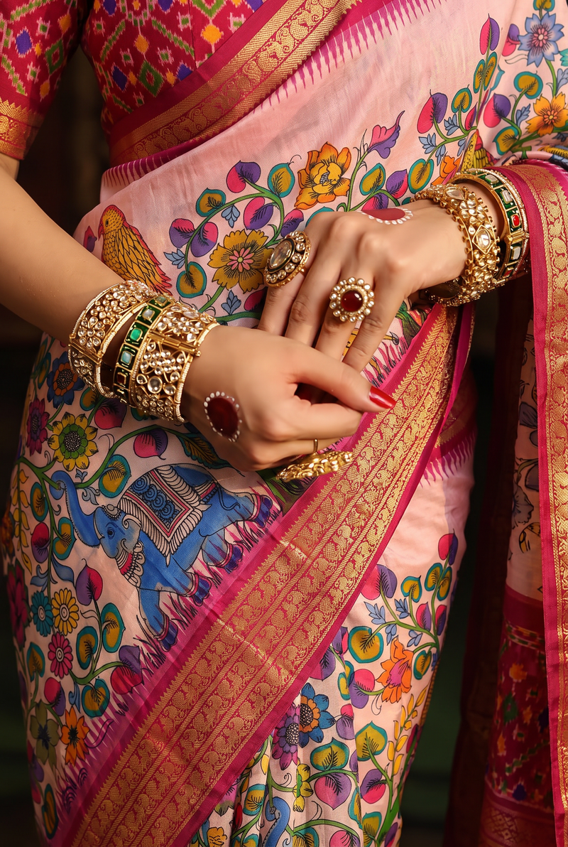 A Vibrant Symphony of Parrots and Elephants in Srikalahasti Kalamkari Ikkat Silk - Pink Base