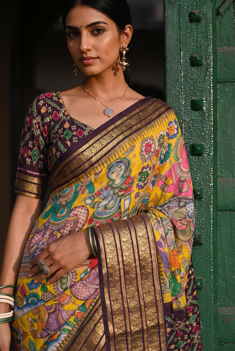 A Divine Celebration of Sri Rama Pattabhishekam in Srikalahasthi Kalamkari Ikkat Silk - Yellow With Brown