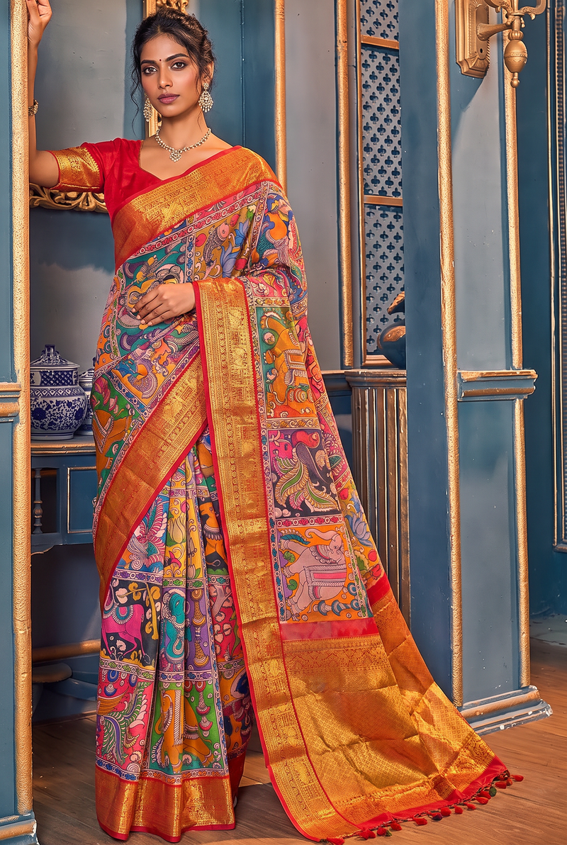 Kalahasti Kalamkari - Grey With Red